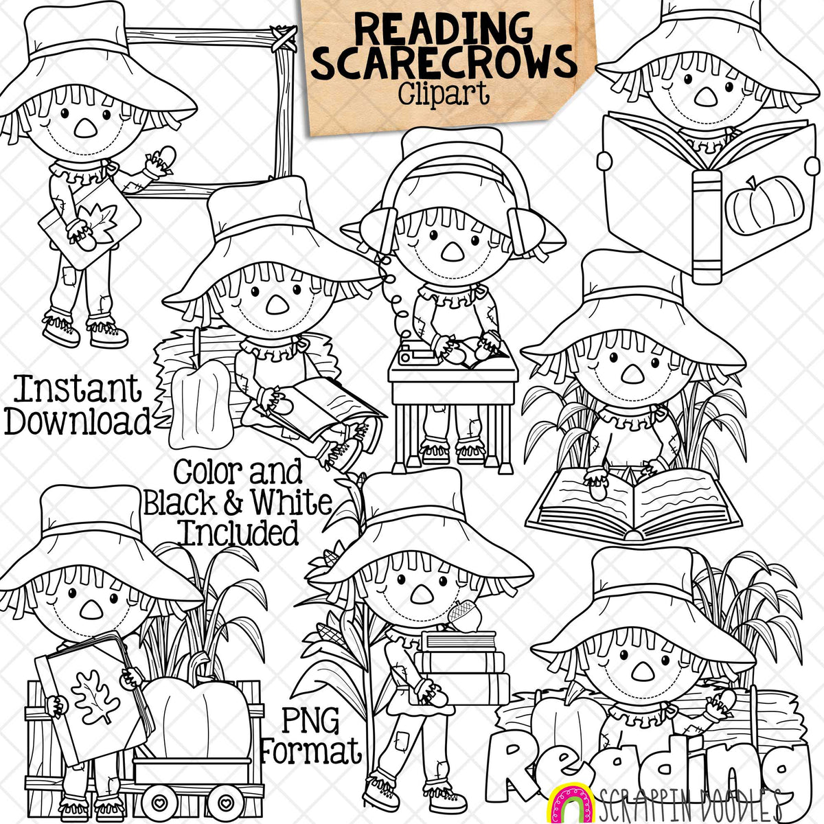 Reading Scarecrows Clip Art - School - Books - Library - Autumn - Fall Farm - Hay Bales - Pumpkins - Commercial Use PNG Sublimation