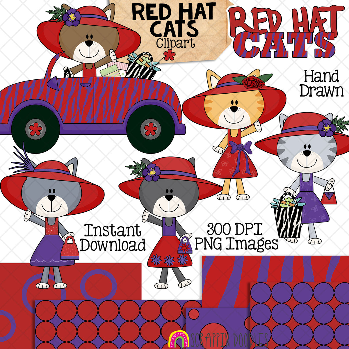 Hand-drawn Red Hat Cats clipart bundle with five fashionable cats, Red Hat Cats word art and five coordinating red and purple backgrounds.