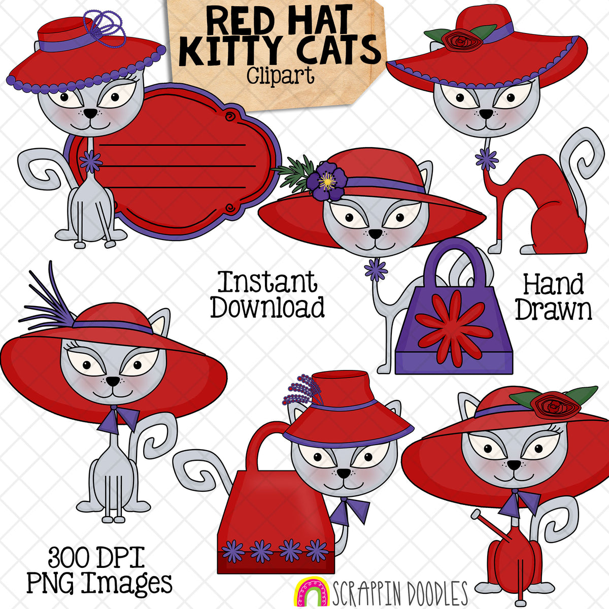 Six hand-drawn grey kitty cats wearing fashionable red hats with shopping bags, knitting, red and purple accessories, and a decorative sign.