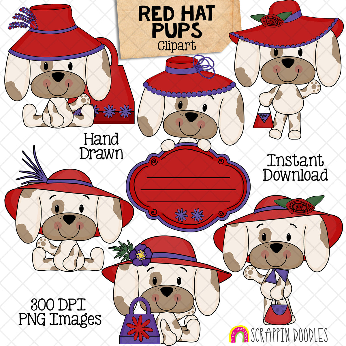 Hand-drawn Red Hat Pups clipart featuring six cute puppies wearing decorative red hats with purple accents, flowers, feathers, handbags and a blank label.