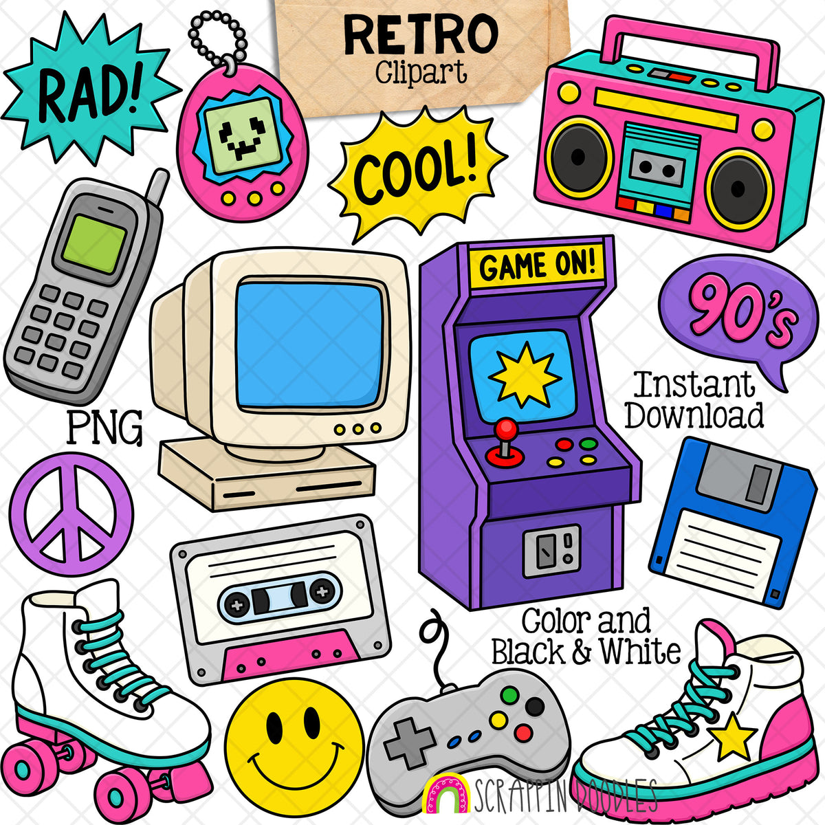 Retro 90s Aesthetics ClipArt, PNG Bundle, BoomBox, Roller Skate, Cassette Tape, Floppy Disk, Printable Sublimation Design