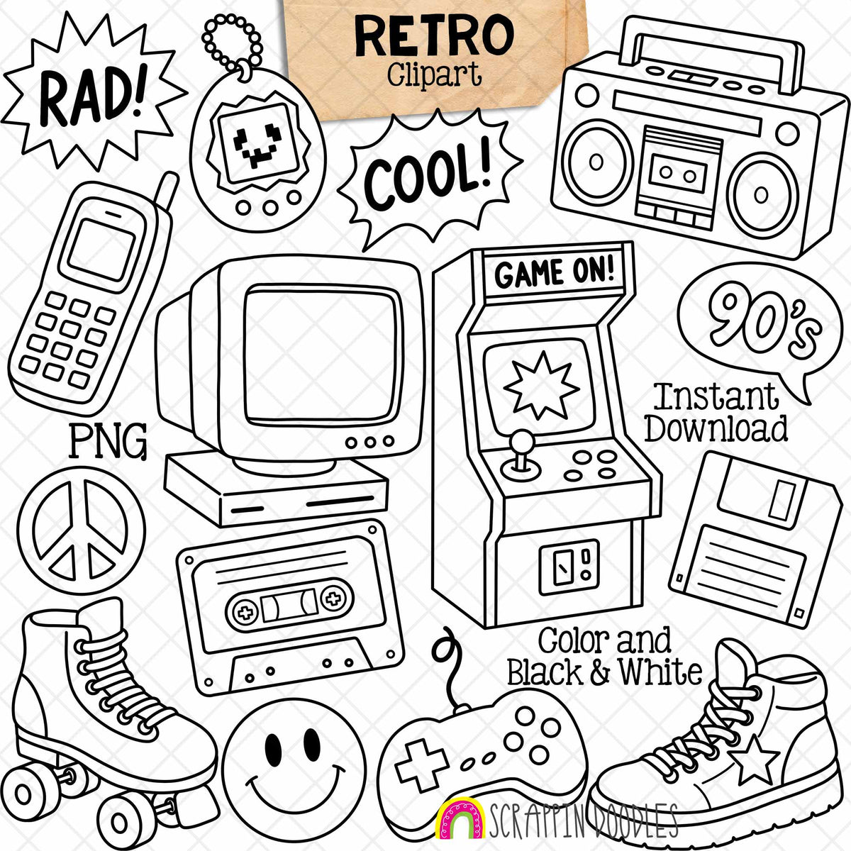 Retro 90s Aesthetics ClipArt, PNG Bundle, BoomBox, Roller Skate, Cassette Tape, Floppy Disk, Printable Sublimation Design