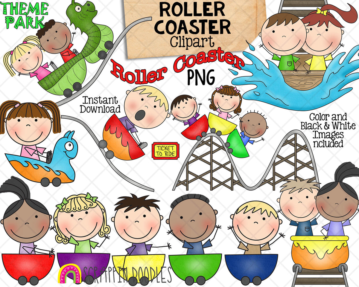 Roller Coaster ClipArt - Kids Riding Roller Coasters - Theme Park - Commercial Use PNG