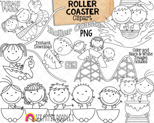 Roller Coaster ClipArt - Kids Riding Roller Coasters - Theme Park - Commercial Use PNG
