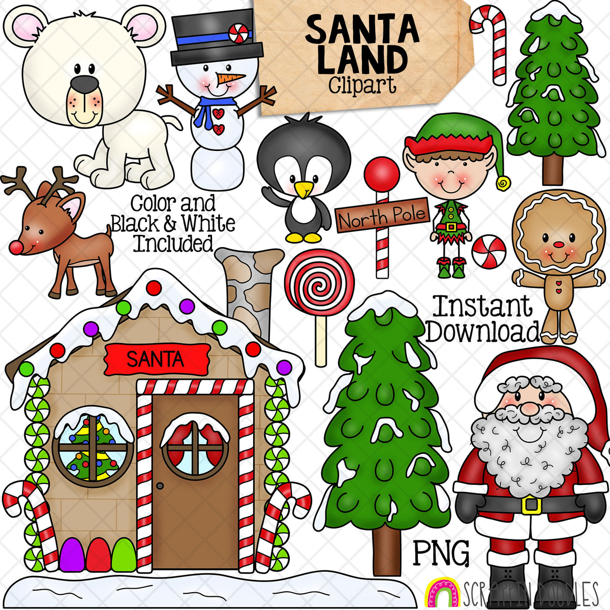 Santa Land Clipart - North Pole - Christmas - Village - Reindeer - Elf - Snowman - Polar Bear - Gingerbread - Penguin - Trees - PNG - Commercial Use