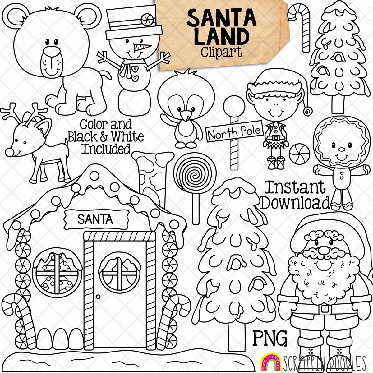 Santa Land Clipart - North Pole - Christmas - Village - Reindeer - Elf - Snowman - Polar Bear - Gingerbread - Penguin - Trees - PNG - Commercial Use