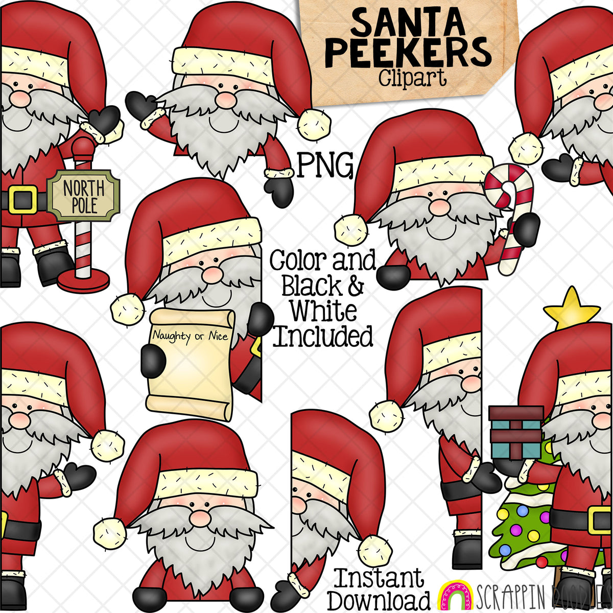 Santa Claus Peekers - Christmas- North Pole Toppers - Instant Download - Hand Drawn - CU - Sublimation PNG