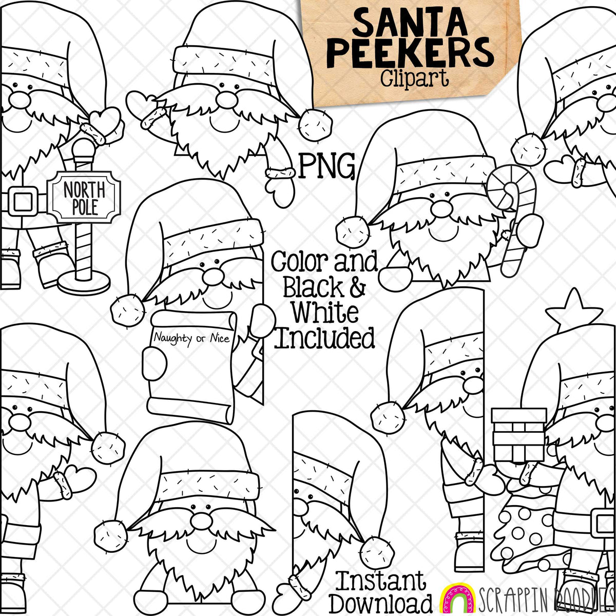 Santa Claus Peekers - Christmas- North Pole Toppers - Instant Download - Hand Drawn - CU - Sublimation PNG