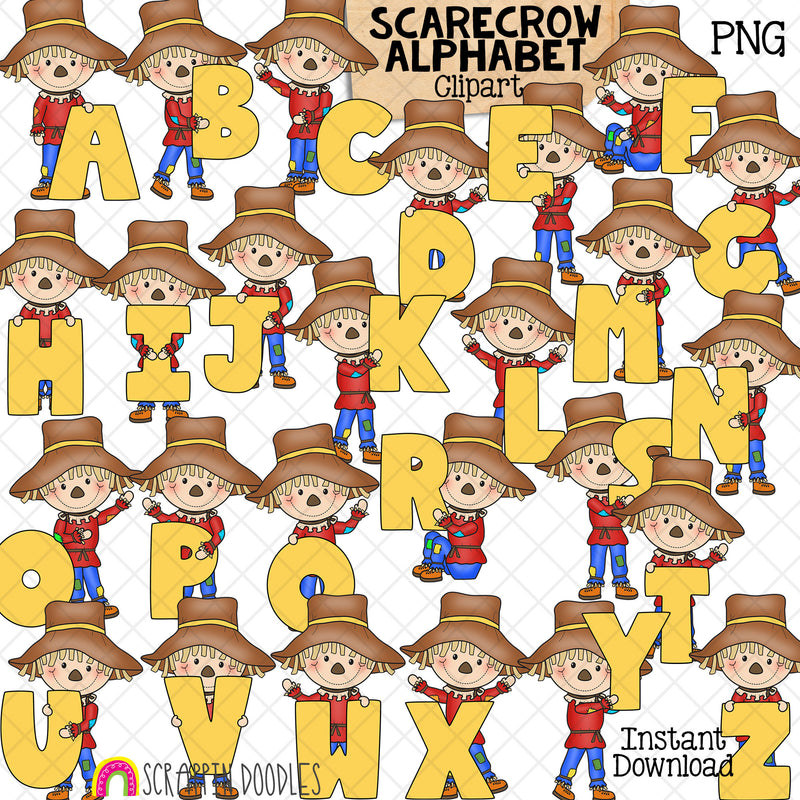 Scarecrow Alphabet Clip Art - Scarecrows Holding Letters Clipart - Autumn Titles - Headers - Commercial Use PNG Sublimation