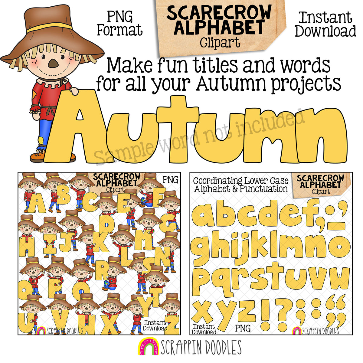 Scarecrow Alphabet Clip Art - Scarecrows Holding Letters Clipart - Autumn Titles - Headers - Commercial Use PNG Sublimation