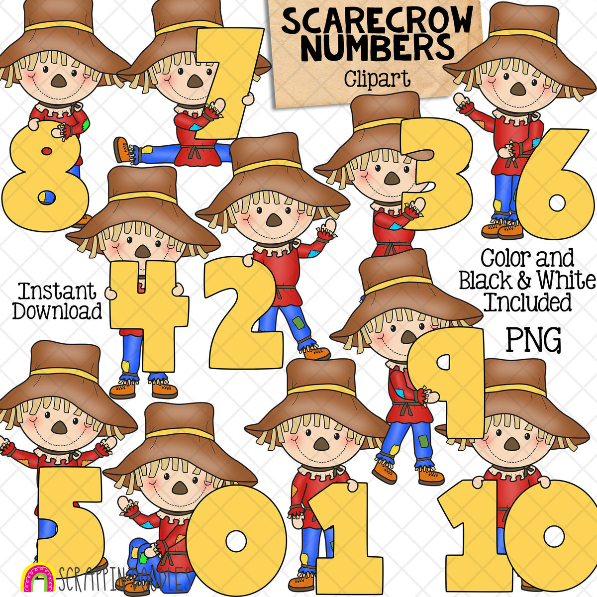 Scarecrow Numbers Clip Art - Scarecrows Holding Numbers Clipart - Autumn Titles - Math Signs - Commercial Use PNG Sublimation