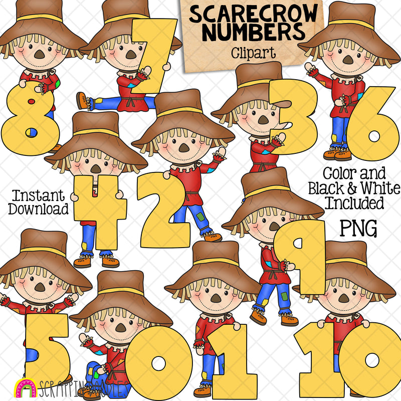 Scarecrow Numbers Clip Art - Scarecrows Holding Numbers Clipart - Autumn Titles - Math Signs - Commercial Use PNG Sublimation