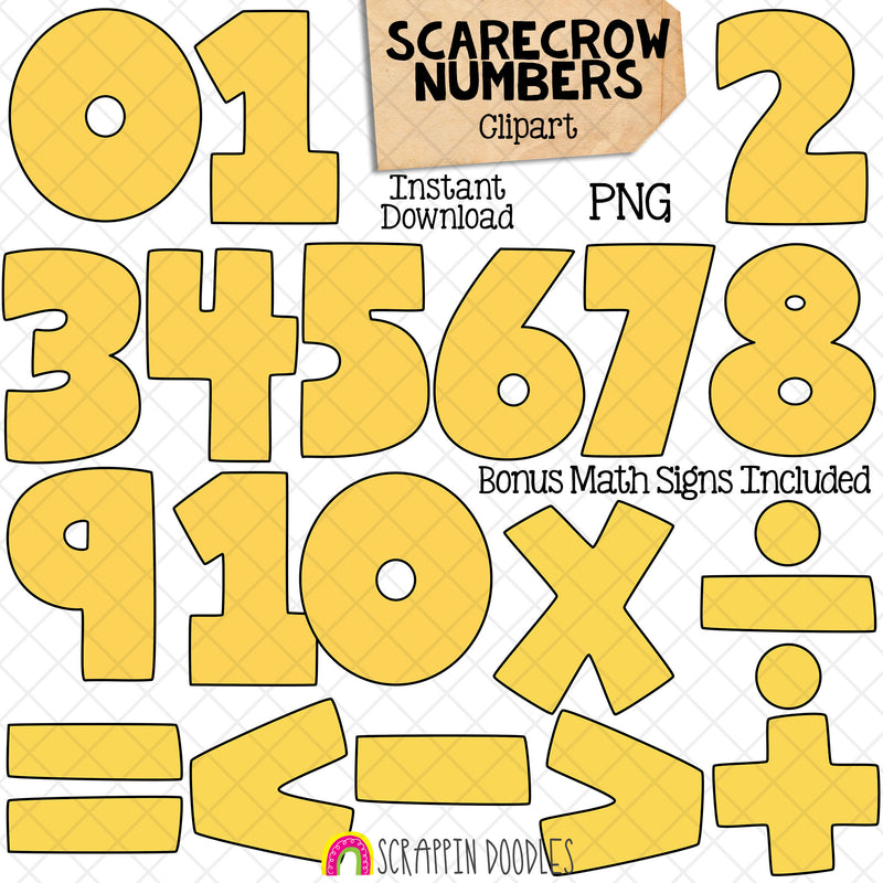 Scarecrow Numbers Clip Art - Scarecrows Holding Numbers Clipart - Autumn Titles - Math Signs - Commercial Use PNG Sublimation