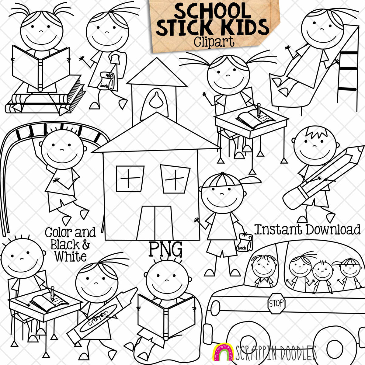 School Stick Kids Clip Art - School Children - Elementary School Students - Kids Playing - School Bus -Recess Sublimation Graphics