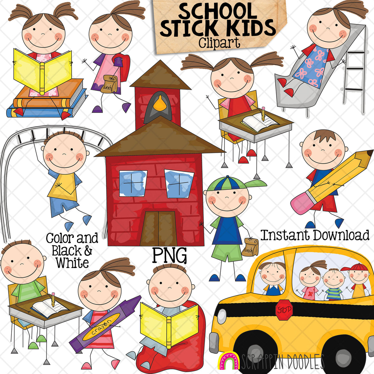 School Stick Kids Clip Art - School Children - Elementary School Students - Kids Playing - School Bus -Recess Sublimation Graphics