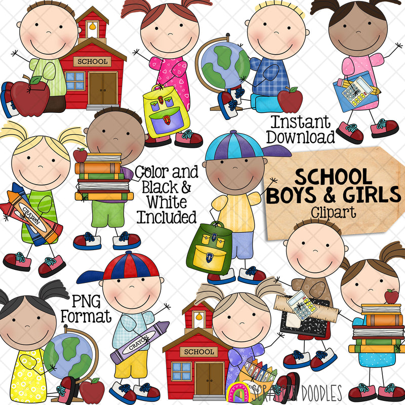 School Boys and Girls Clipart - Stick Kids - First Day of School - Commercial Use PNG - Susie and Tommy