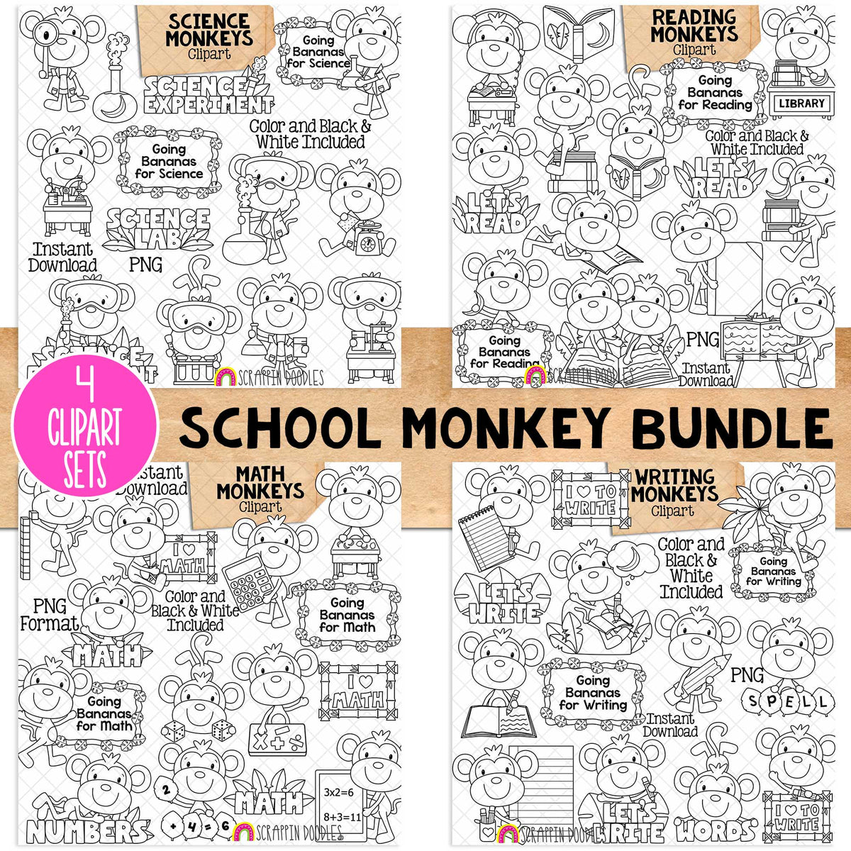School Monkey ClipArt Bundle - Reading - Writing - Math - Science