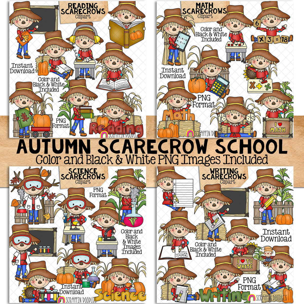 Scarecrows School Clip Art Bundle - Math - Reading - Science - Writing - Fall Farm - Hay Bales - Pumpkins - Commercial Use PNG Sublimation