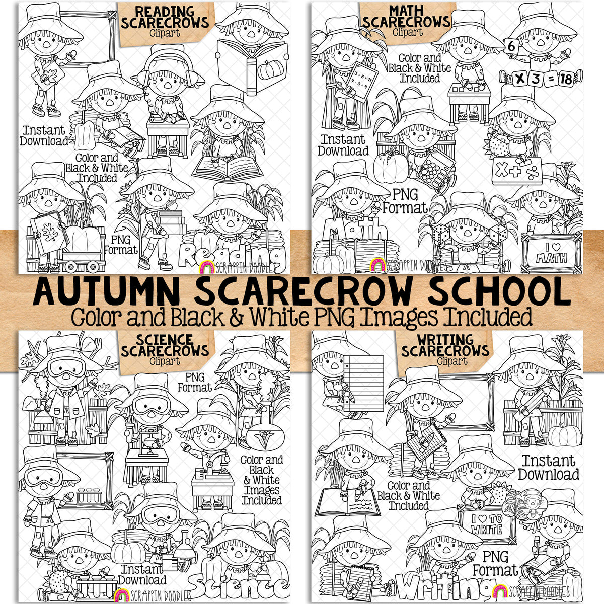 Scarecrow School Clip Art Bundle - Math - Reading - Science - Writing - Fall Farm - Hay Bales - Pumpkins - Commercial Use PNG Sublimation