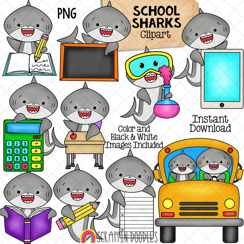 School Sharks Clip Art - Grey Shark Clipart - Sharks on School Bus - Writing - Reading