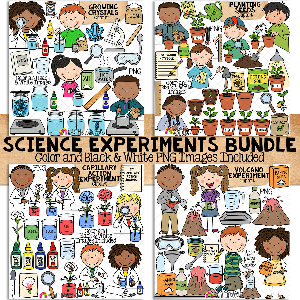 Kids Science Experiments ClipArt Bundle - Scientist - Baking Soda Vinegar Volcano - Growing Crystals - Planting Seeds - Capillary Action - CU PNG Sublimation