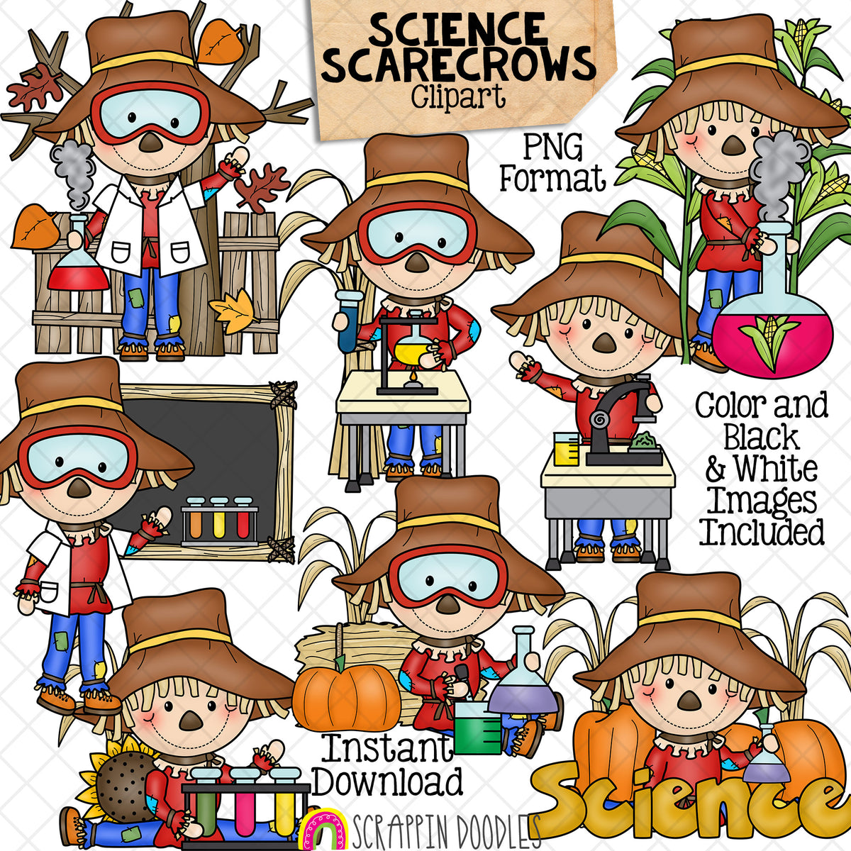Science Scarecrows Clip Art - Scientist - Experiments - School - Autumn - Fall Farm - Hay Bales - Pumpkins - Commercial Use PNG Sublimation