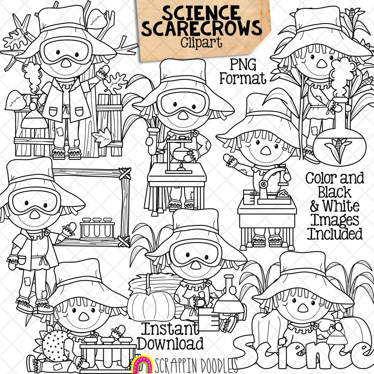 Science Scarecrows Clip Art - Scientist - Experiments - School - Autumn - Fall Farm - Hay Bales - Pumpkins - Commercial Use PNG Sublimation