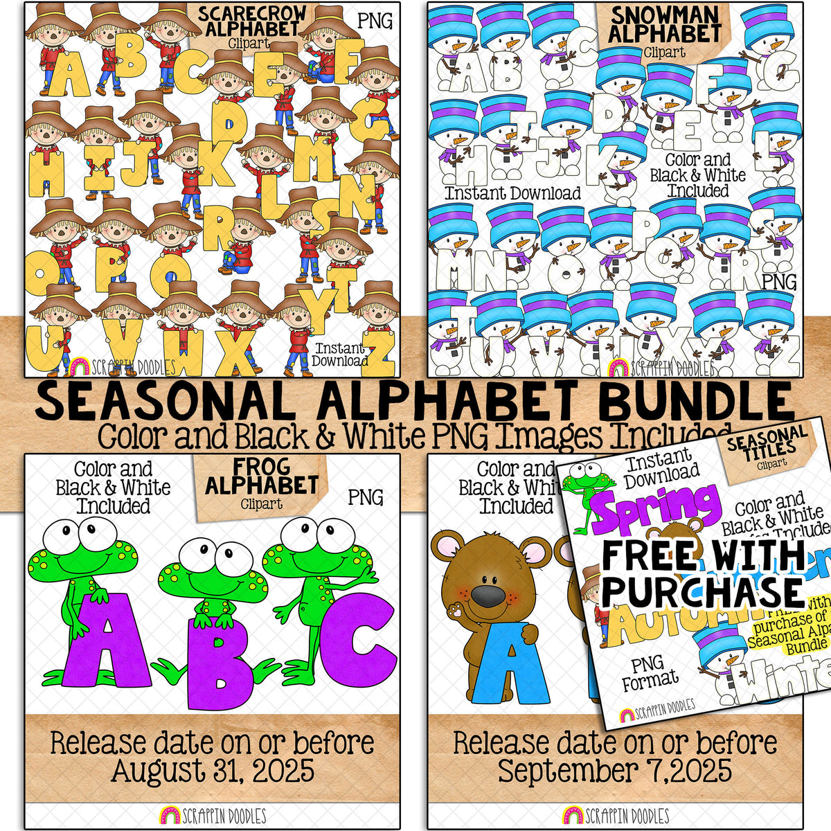 Seasonal Alphabet Bundle - Autumn Scarecrow - Winter Snowman - Spring Frog - Summer Bear - Commercial Use PNG Sublimation