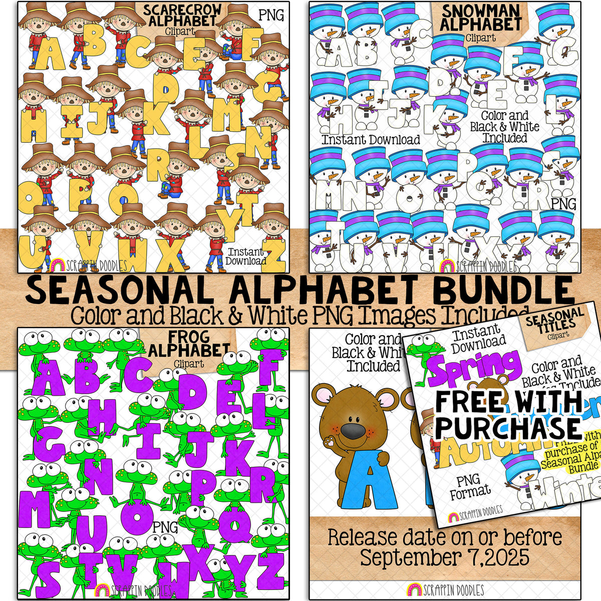 Seasonal Alphabet Bundle - Autumn Scarecrow - Winter Snowman - Spring Frog - Summer Bear