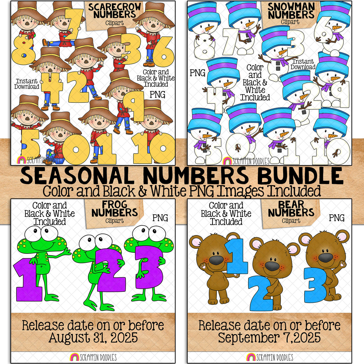Seasonal Numbers Bundle - Autumn Scarecrow - Winter Snowman - Spring Frog - Summer Bear - Commercial Use PNG Sublimation