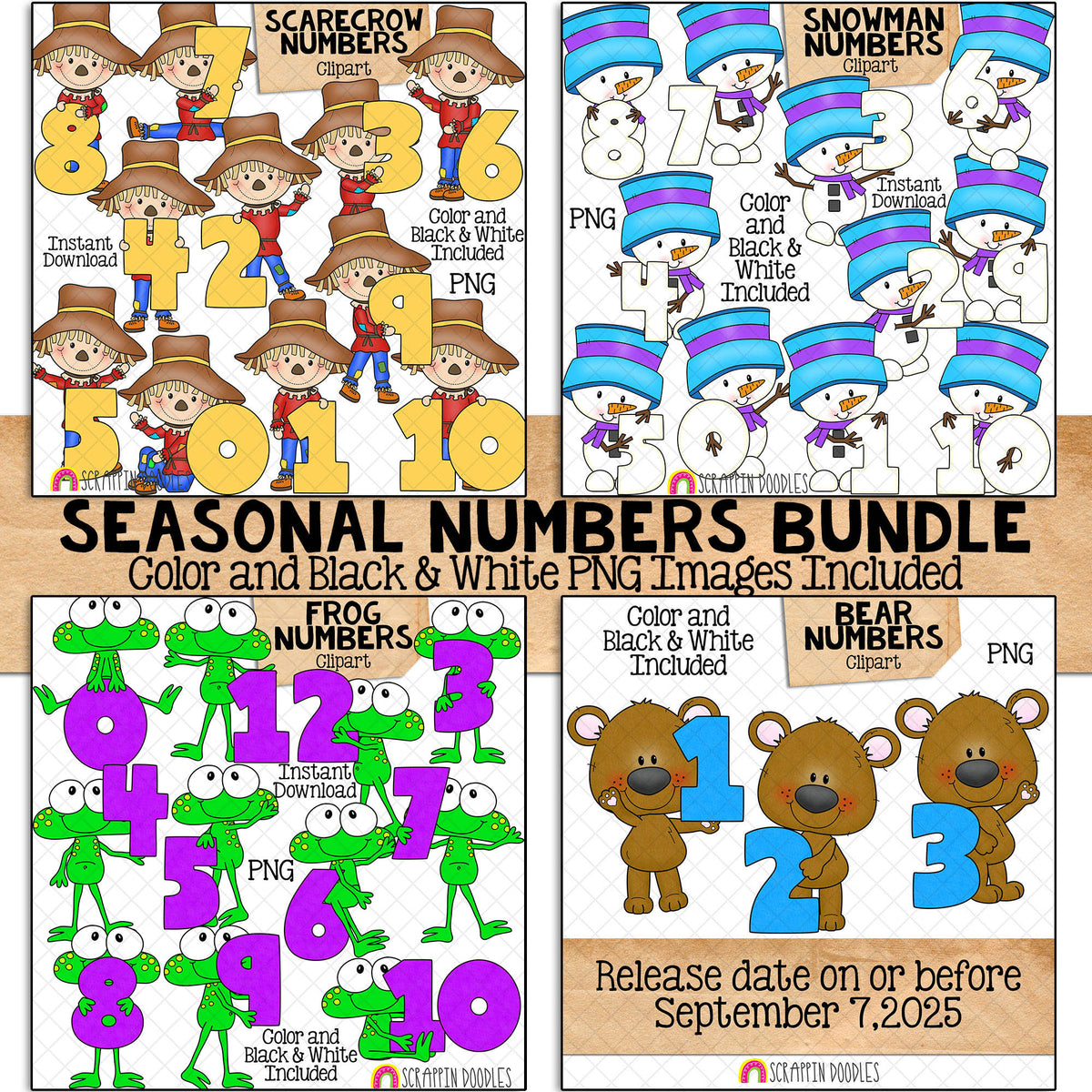 Seasonal Numbers Bundle - Autumn Scarecrow - Winter Snowman - Spring Frog - Summer Bear