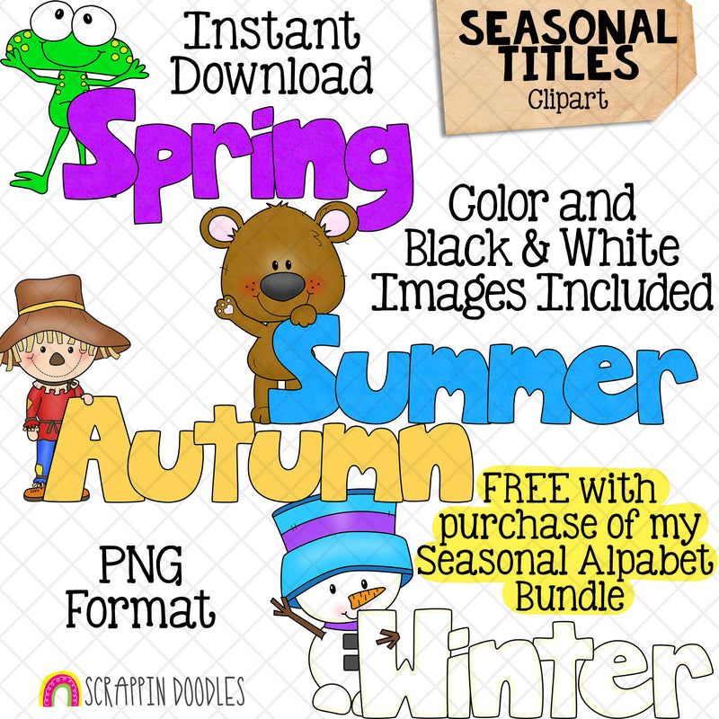 Seasonal Alphabet Bundle - Autumn Scarecrow - Winter Snowman - Spring Frog - Summer Bear - Commercial Use PNG Sublimation
