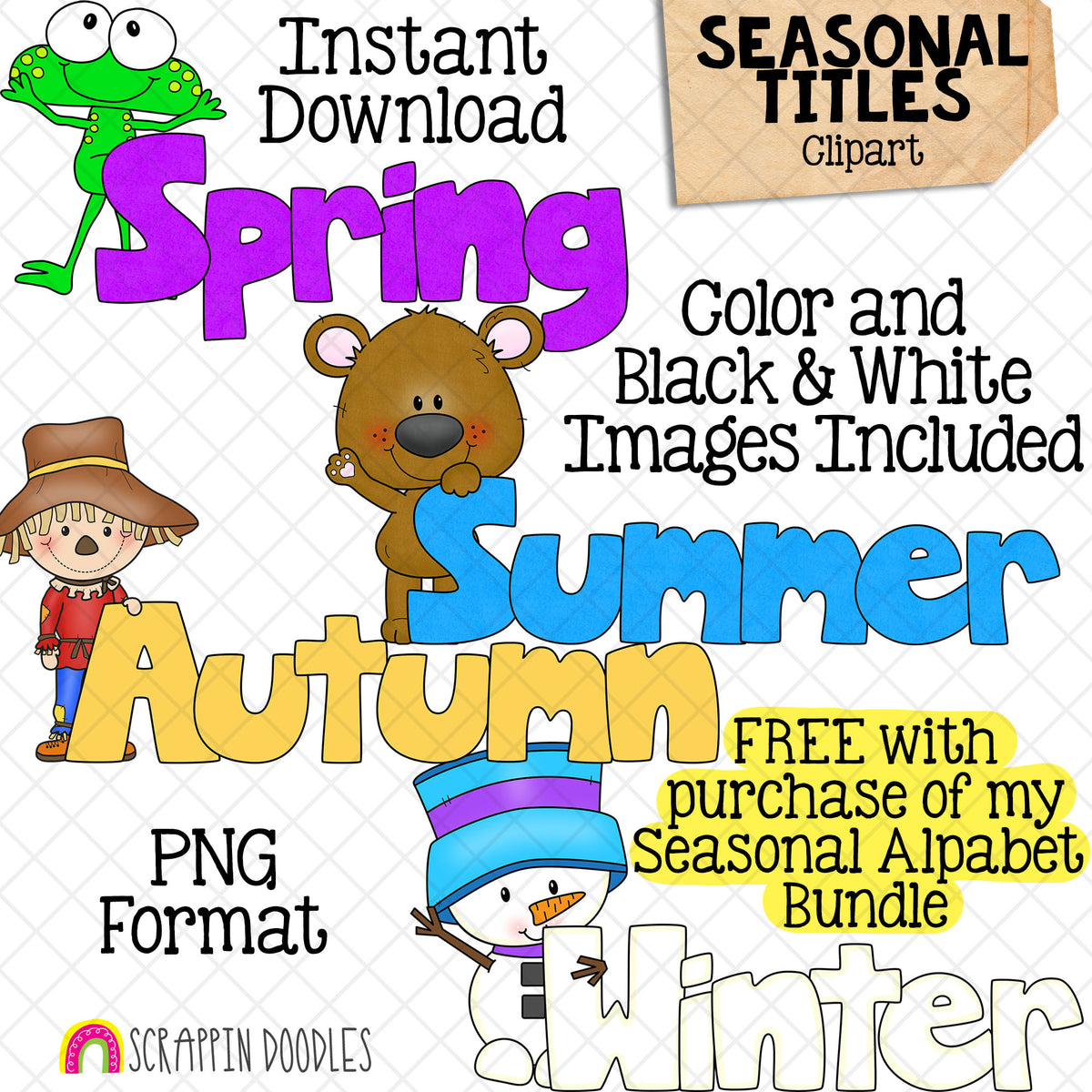 Seasonal Titles Clip Art - Autumn Scarecrow - Winter Bear - Spring Frog - Summer Bear - Word Art Headers - Commercial Use PNG Sublimation