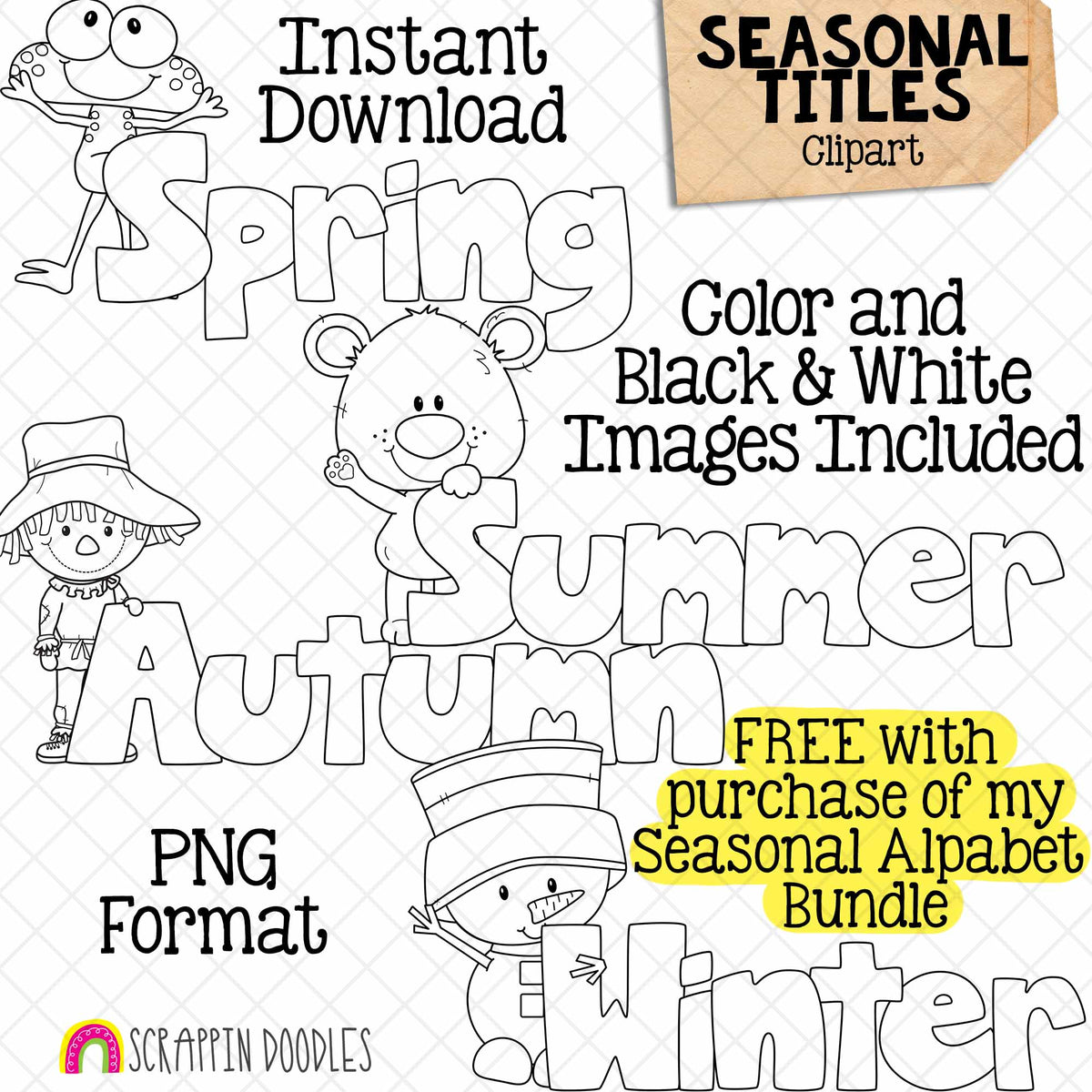 Seasonal Titles Clip Art - Autumn Scarecrow - Winter Bear - Spring Frog - Summer Bear - Word Art Headers