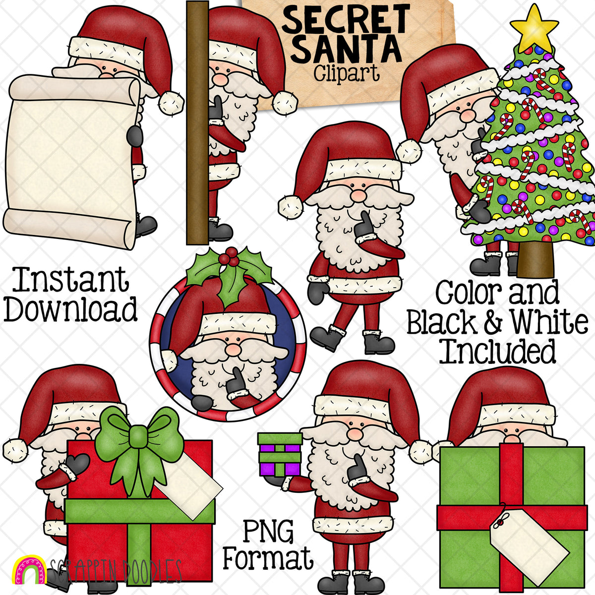Secret Santa Claus ClipArt - Santa Poses Clip Art - Christmas - Gift Giving - Instant Download - Hand Drawn - CU - Sublimation PNG