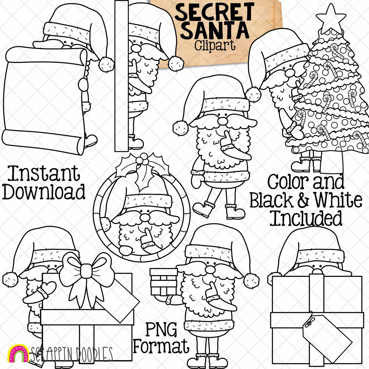 Secret Santa Claus ClipArt - Santa Poses Clip Art - Christmas - Gift Giving - Instant Download - Hand Drawn - CU - Sublimation PNG
