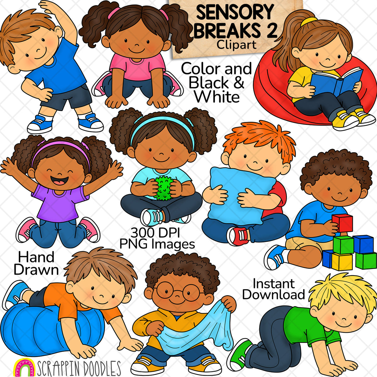Sensory breaks clip art for kids showing calming strategies, movement breaks, breathing exercises, stretching, trampoline play and sensory activities.