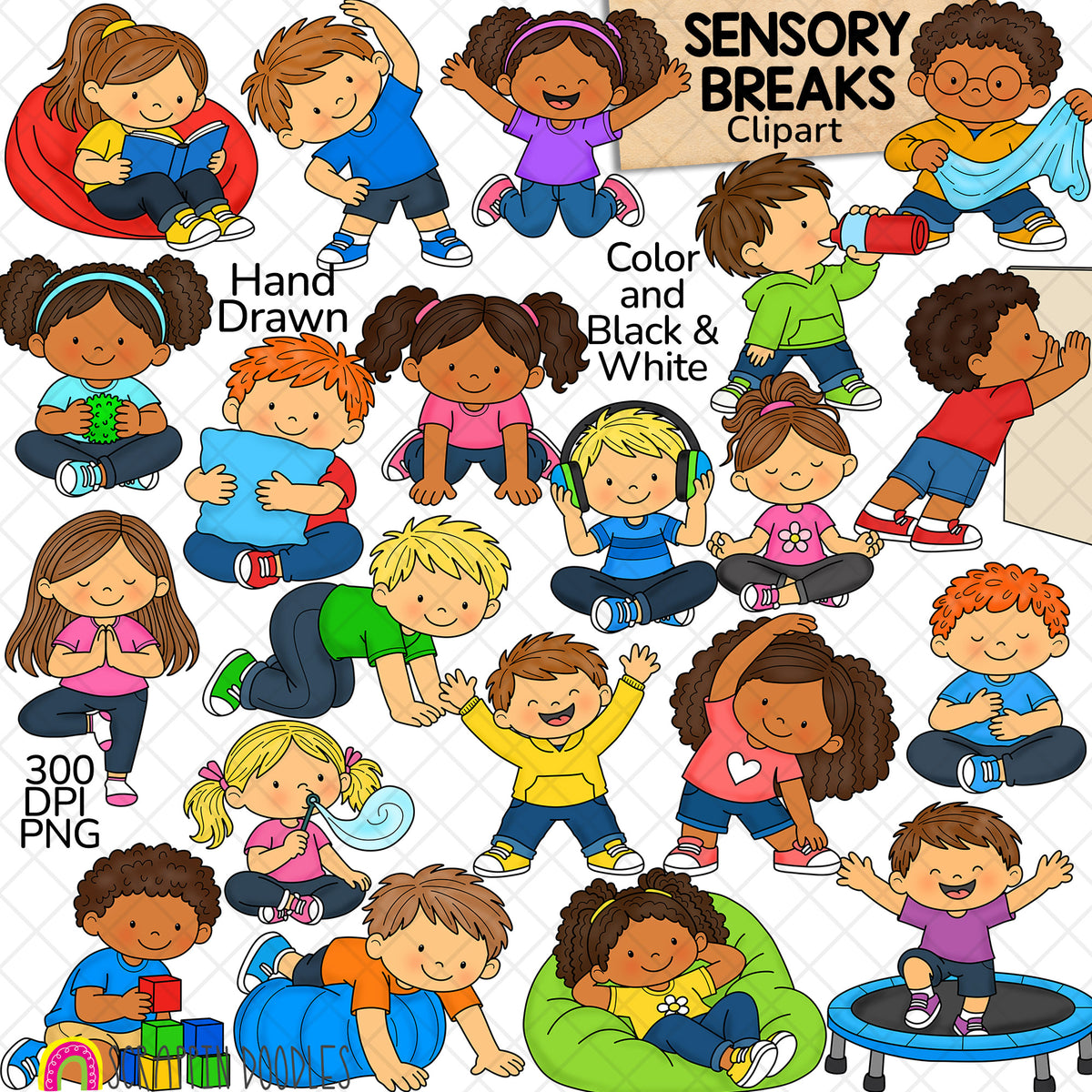 Sensory breaks clip art for kids showing calming strategies, movement breaks, breathing exercises, stretching, trampoline play and sensory activities.