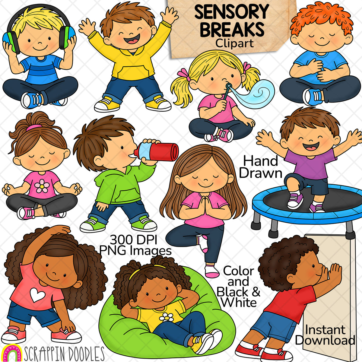 Sensory breaks clip art for kids showing calming strategies, movement breaks, breathing exercises, stretching, trampoline play and sensory activities.
