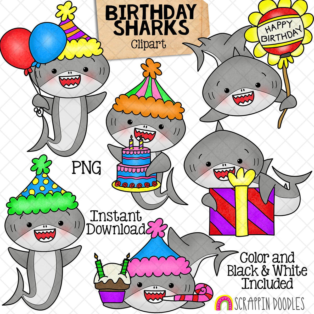 Birthday Sharks Clip Art - Grey Shark Clipart - Party - Cake - Presents - Celebrate - Baby Shark - Commercial Use PNG Sublimation