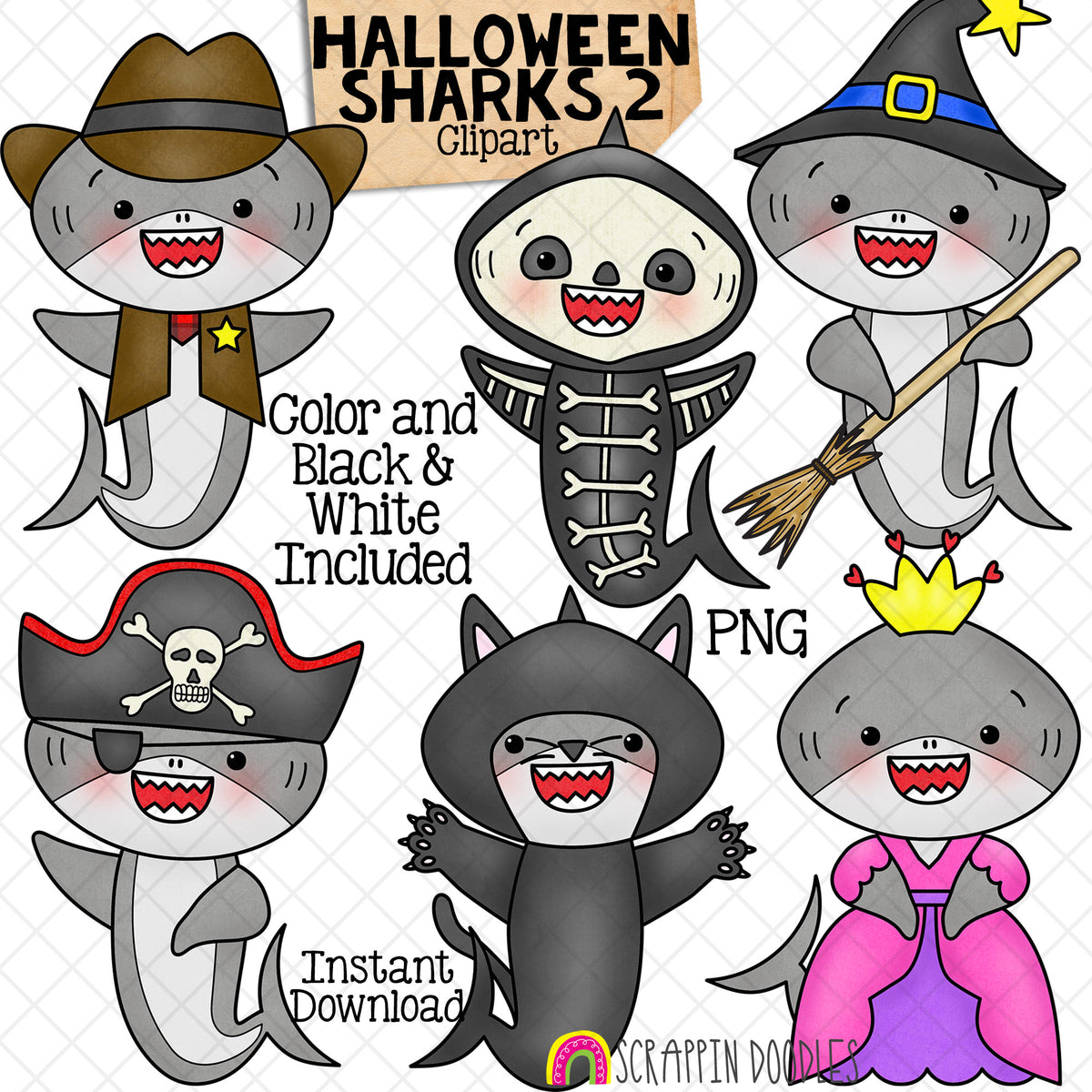 Halloween Sharks Clip Art 2 - Grey Shark Clipart - Baby Shark - Cowboy - Skeleton - Witch - Cat - Princess - Commercial Use PNG Sublimation