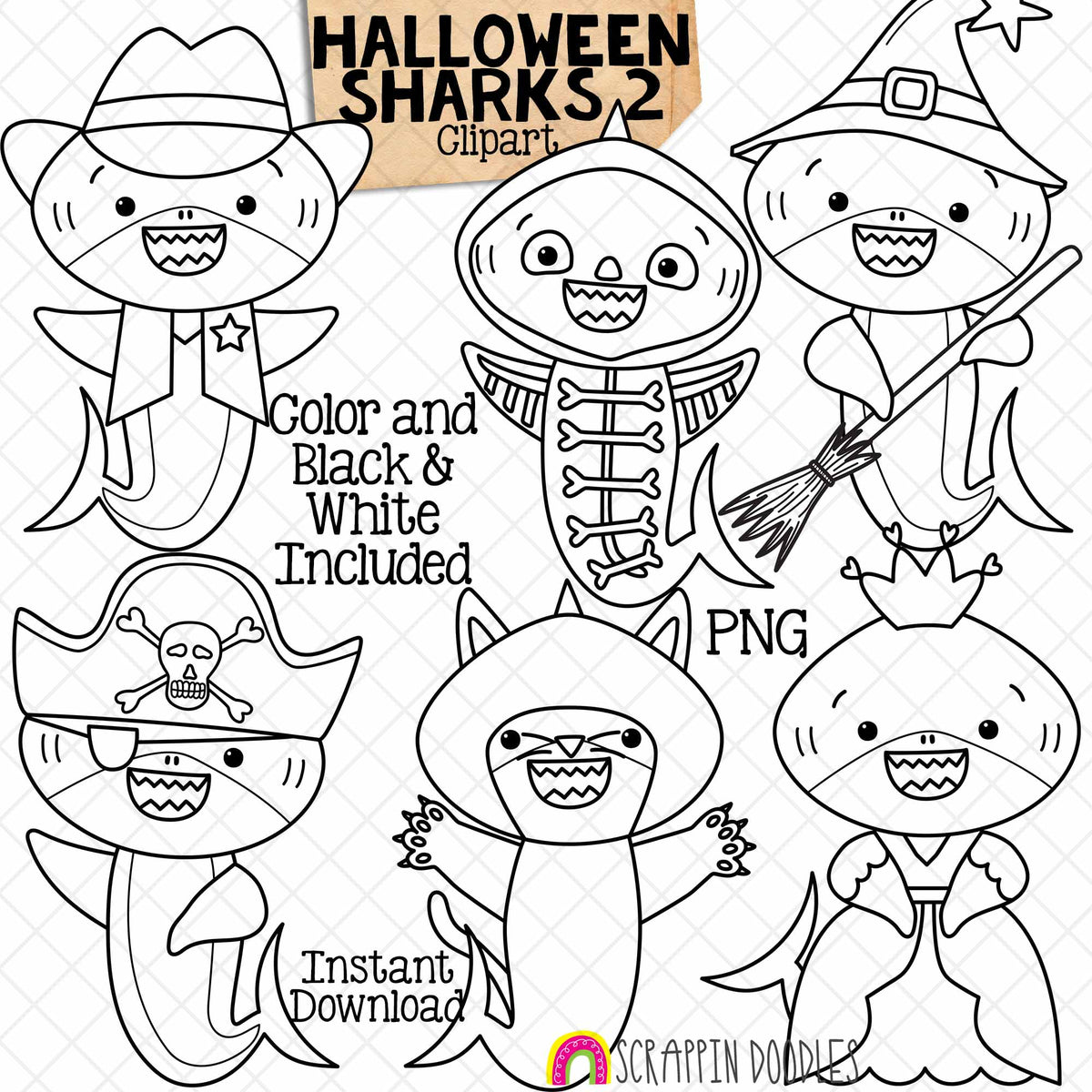 Halloween Sharks Clip Art 2 - Grey Shark Clipart - Baby Shark - Cowboy - Skeleton - Witch - Cat - Princess - Commercial Use PNG Sublimation