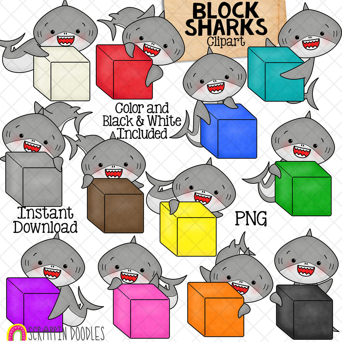 Shark Clip Art - Grey Sharks Holding Color Blocks Clipart - Colour Sharks