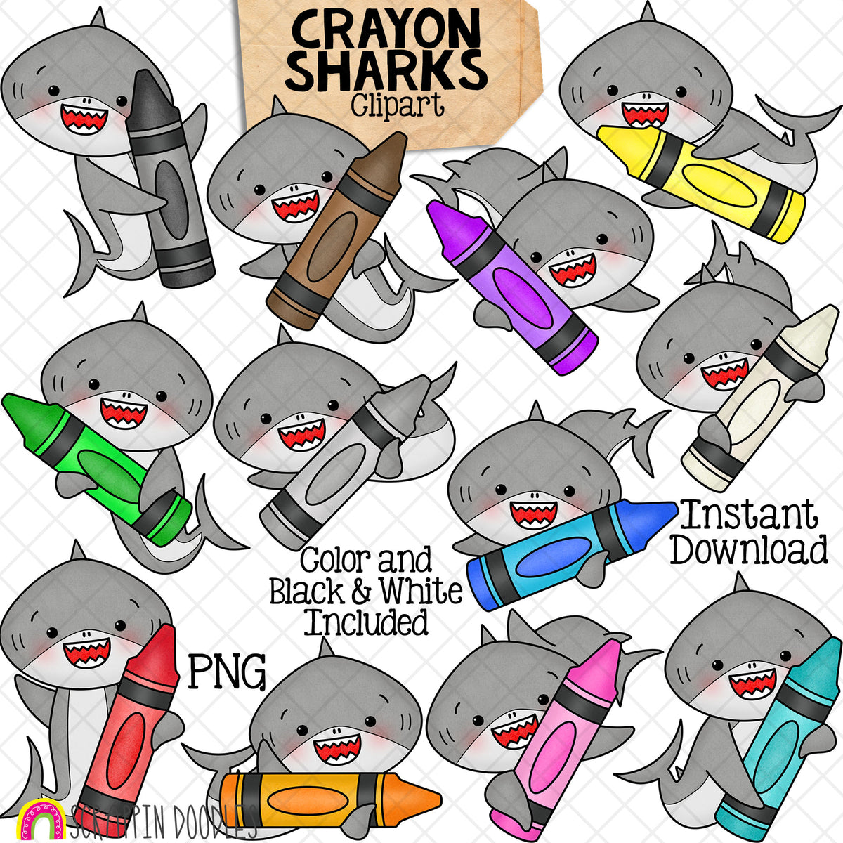 Shark Clip Art - Grey Sharks Holding Color Crayons Clipart - Colour Sharks - Commercial Use PNG Sublimation
