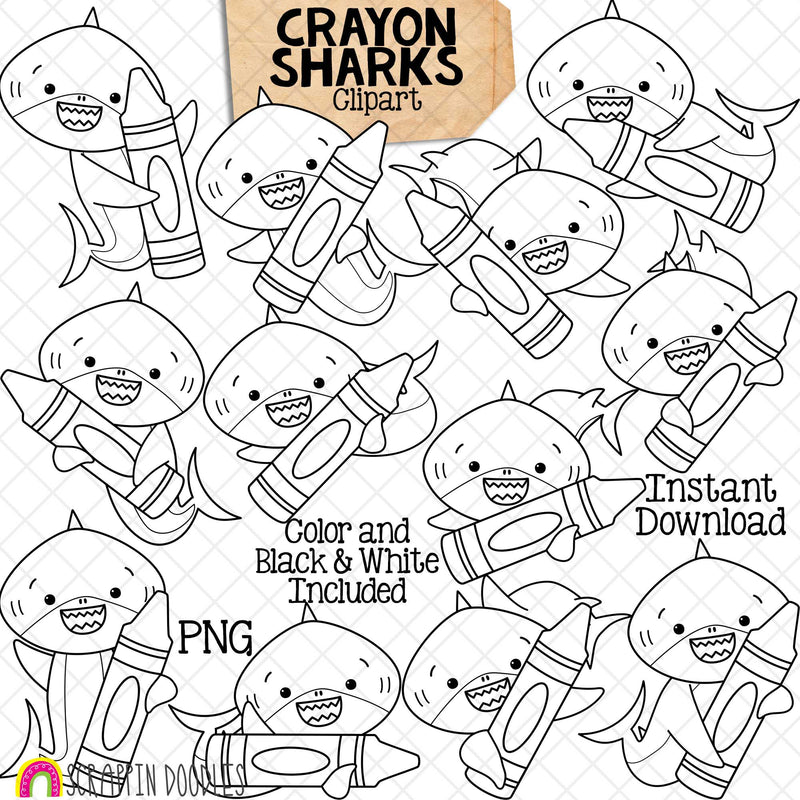 Shark Clip Art - Grey Sharks Holding Color Crayons Clipart - Colour Sharks - Commercial Use PNG Sublimation