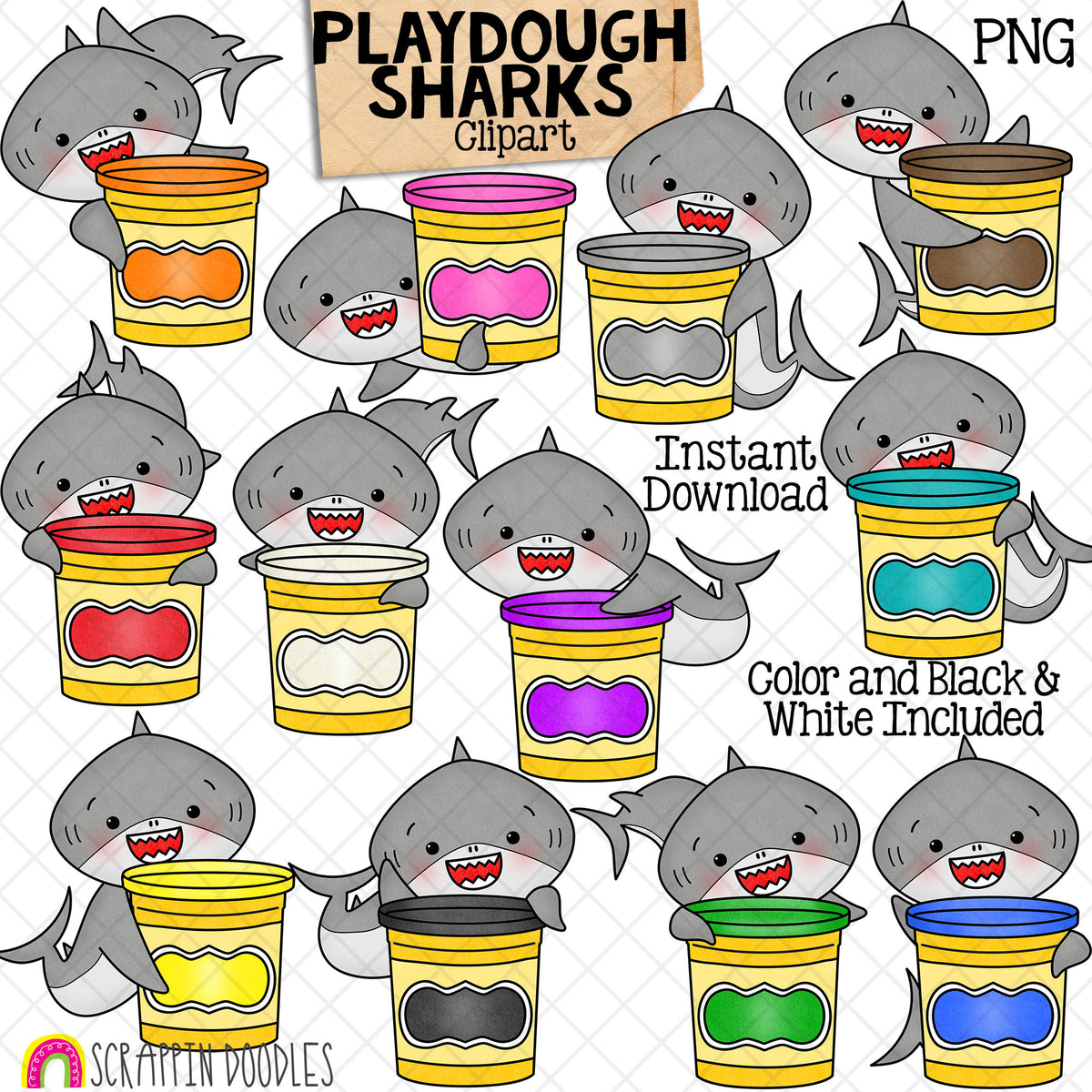 Shark Clip Art - Grey Sharks Holding Color Play Dough Clipart - Colour Sharks - Commercial Use PNG Sublimation