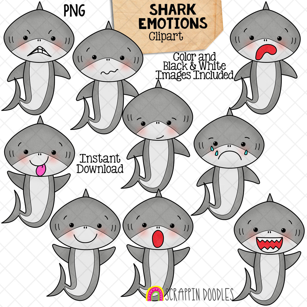 Shark Emotions Clip Art - Grey Shark Clipart - Sharks making different emotions - Commercial Use PNG Sublimation