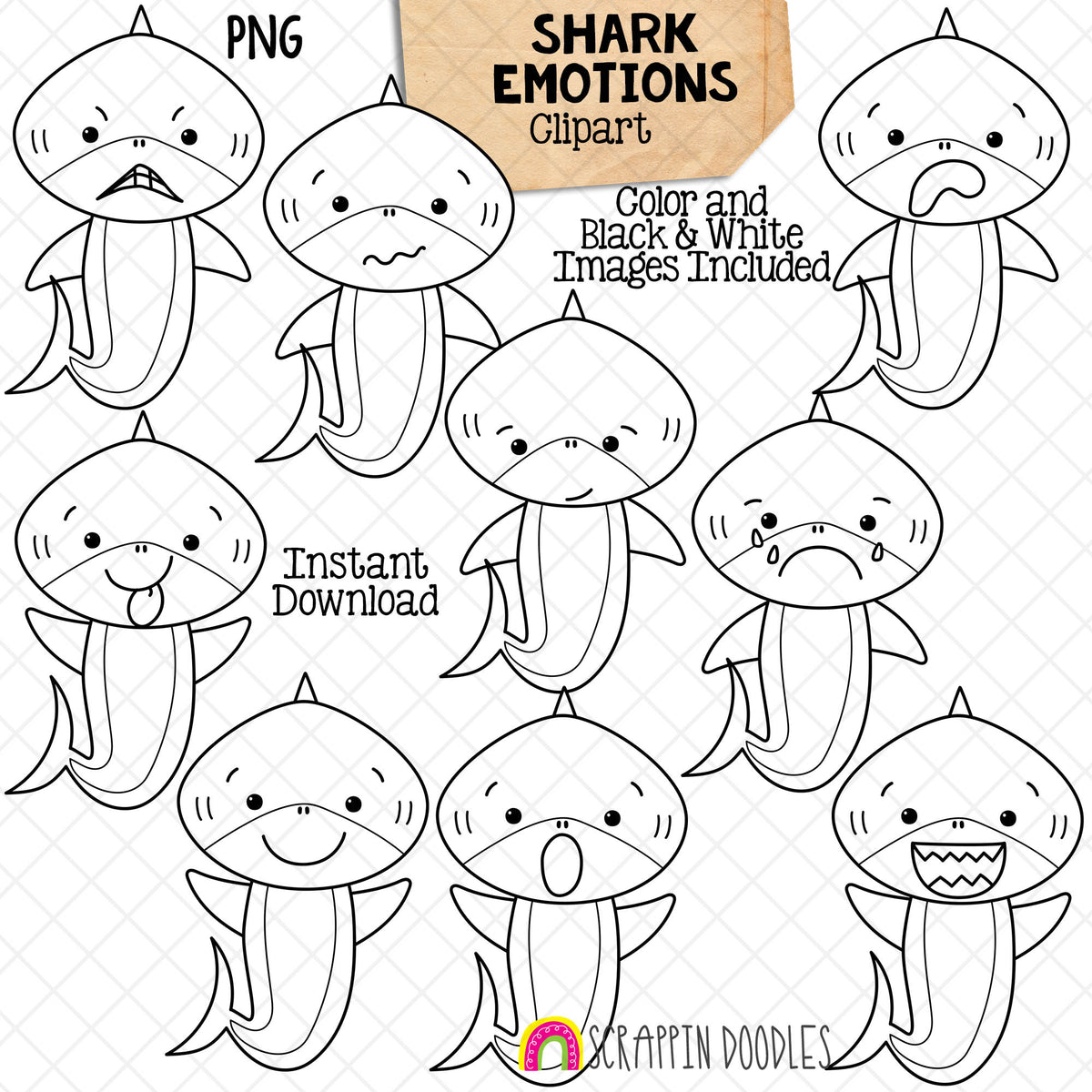 Shark Emotions Clip Art - Grey Shark Clipart - Sharks making different emotions - Commercial Use PNG Sublimation