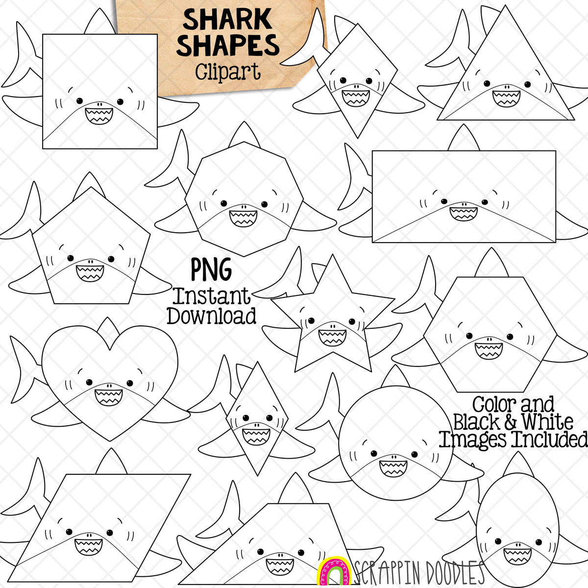 Shark Shapes Clip Art - Grey Shark Clipart - Sharks in different shapes - Commercial Use PNG Sublimation