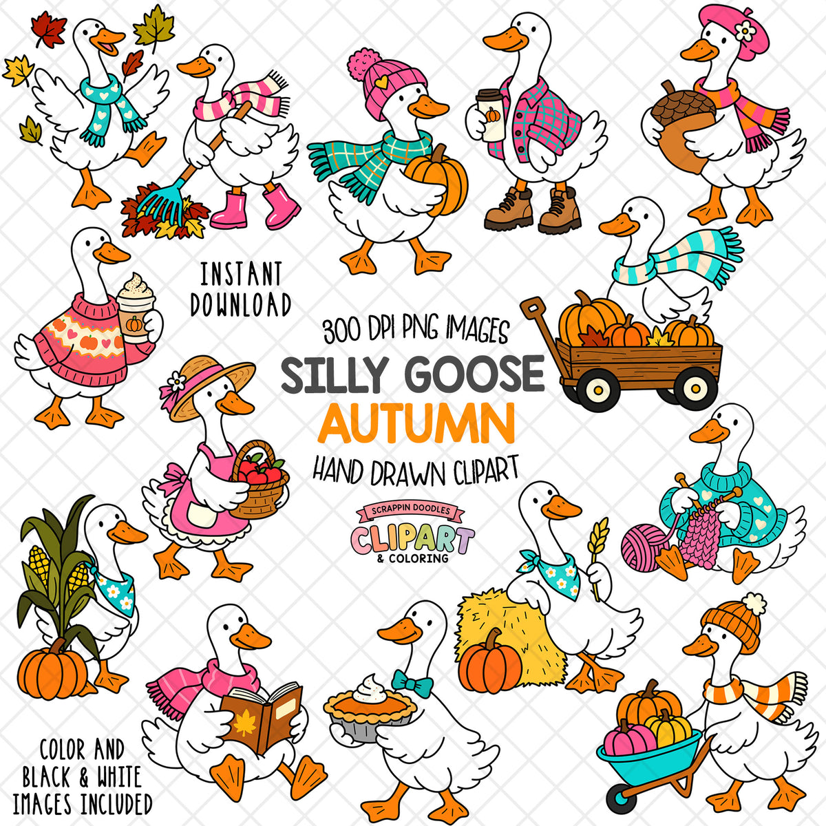 Preview of 15 hand-drawn autumn goose clipart images featuring pumpkins, leaves, scarves, sweaters and cozy fall activities.